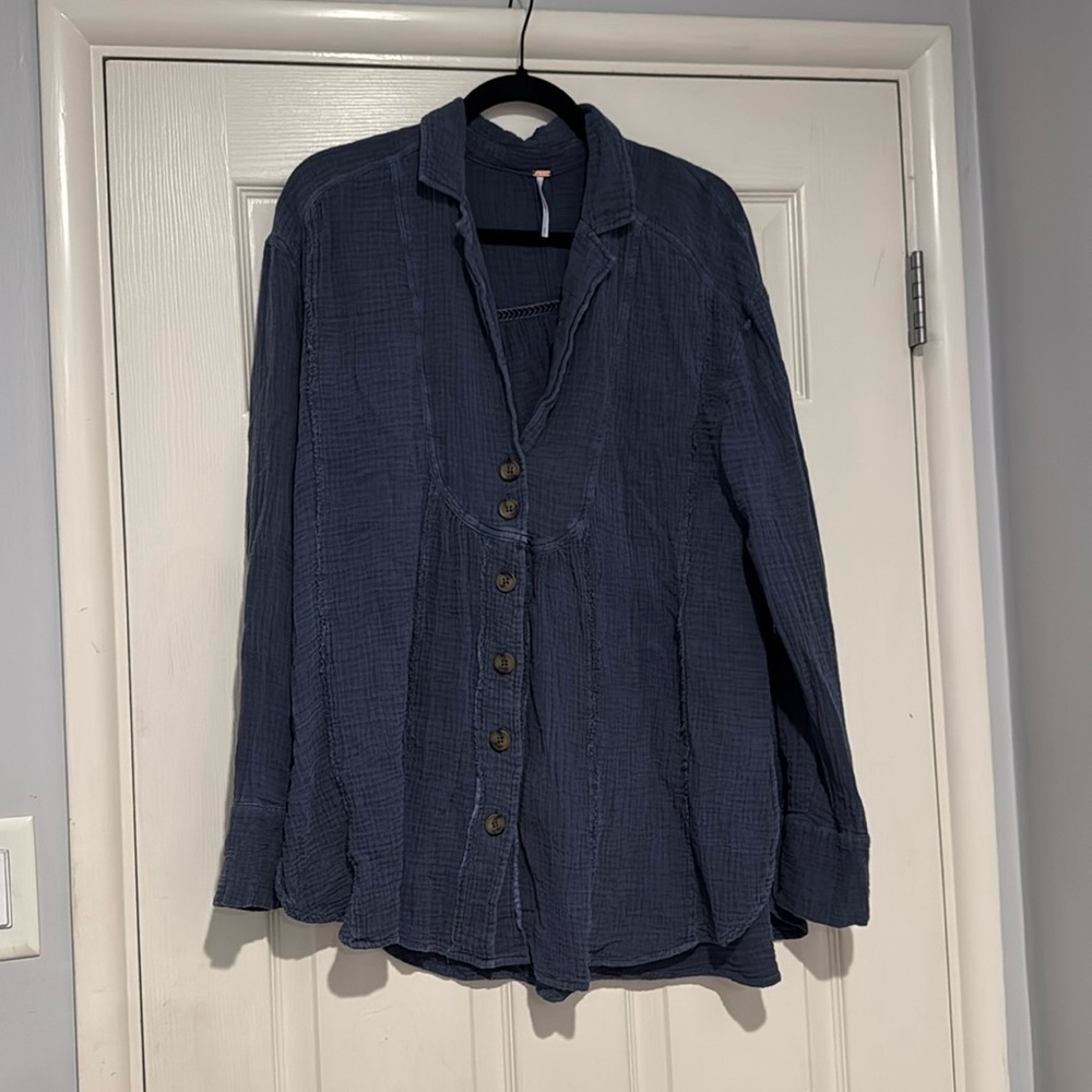 Free people Navy Gauze Button Up